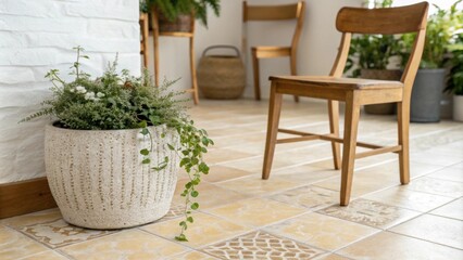 A charming interior scene highlighting a warmtoned tiled floor adorned with a textured ceramic planter overflown with greenery alongside a simple unadorned wooden chair