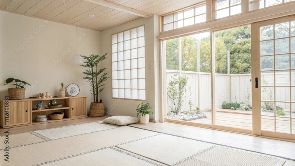 Poster a serene openplan area featuring pale walls and large windows that let in natural light. simple deco