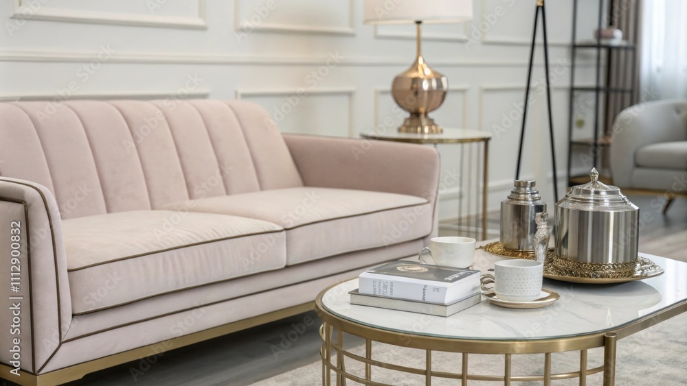 Leinwandbilder the interior features a sleek sofa in a muted pastel shade paired with a minimalist coffee table whi