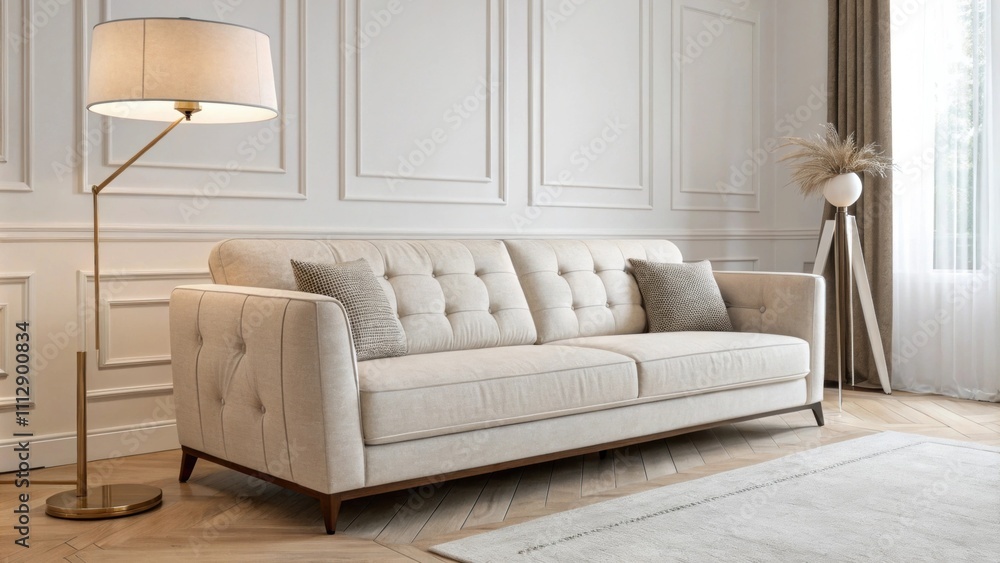 Poster an airy open living room that merges a futuristic profile sofa with a minimalistic floor lamp. the c