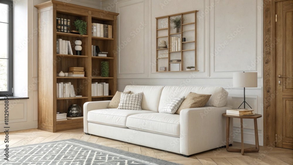 Poster The living room embodies elegance in simplicity highlighted by a contemporary white couch and an unobtrusive wooden bookshelf both contributing to a calming and uncluttered