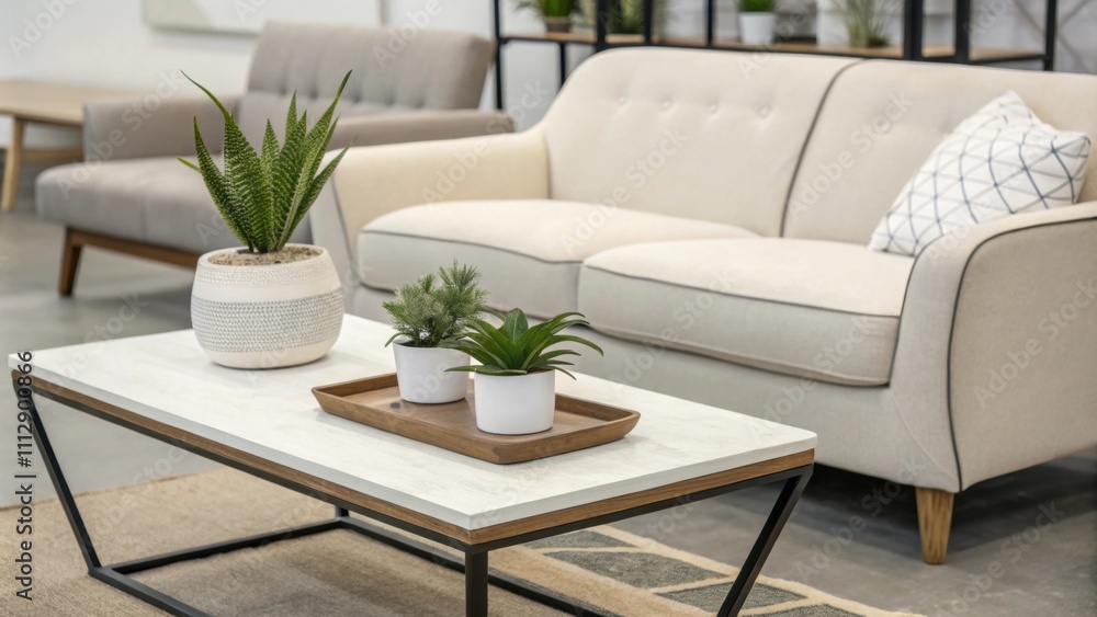 Poster An airy interior showcasing a minimalist aesthetic with a streamlined sofa in soft upholstery and a modern angular coffee table complemented by a few carefully chosen potted