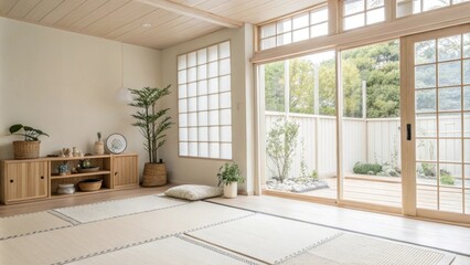 A serene openplan area featuring pale walls and large windows that let in natural light. Simple decorative elements in wood and a few potted plants enhance the minimalist
