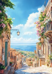 Coastal Italian Village Street Scene with Ocean View and Flowers
