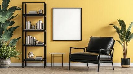  A sleek coffee table sits at the center, adding functionality and style to the space. The room’s backdrop is accented with a vibrant blue and yellow wall, creating a contemporary, energetic atmospher