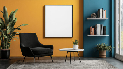  A sleek coffee table sits at the center, adding functionality and style to the space. The room’s backdrop is accented with a vibrant blue and yellow wall, creating a contemporary, energetic atmospher