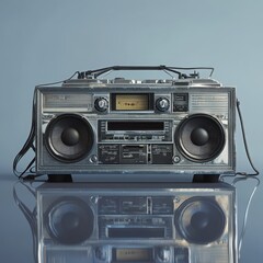 Obraz premium A vintage silver boombox with large speakers and cassette player sits on a reflective surface