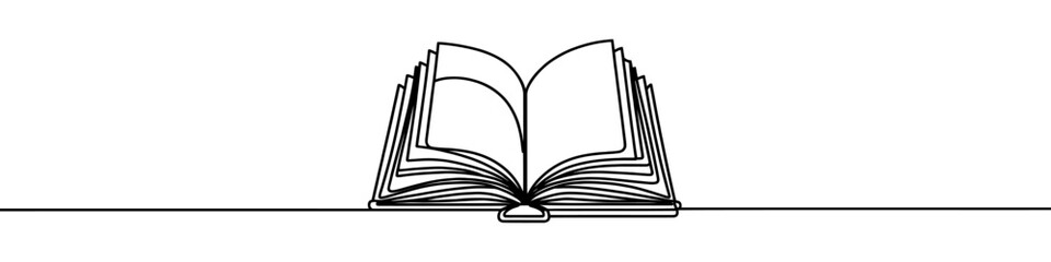 One continuous line illustration of an open book, isolated on white background. Line art of open book
