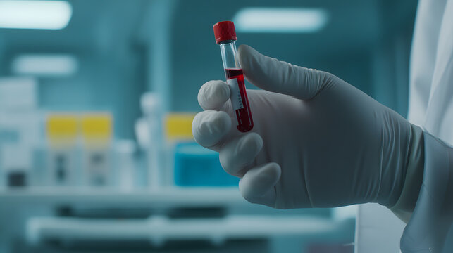 Doctor Wearing Gloves, Holding Up a Blood Vial and Showing It to the Camera, Representing Medical Care and Laboratory Testing
