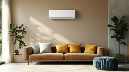  A sleek coffee table sits at the center, adding functionality and style to the space. The room’s backdrop is accented with a vibrant blue and yellow wall, creating a contemporary, energetic atmospher