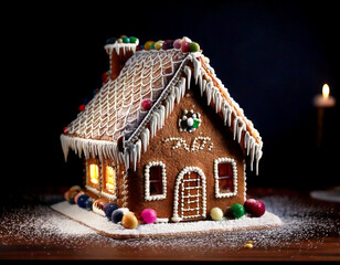Detailed Gingerbread House with Frosted Roof and Candy Decorations