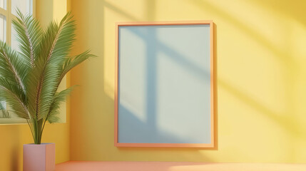 
This 3D rendering showcases a modern living room with a frame mockup on the wall, providing a perfect setting for showcasing artwork or posters. 