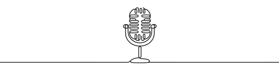 One continuous line illustration of a retro microphone, isolated on white background. Line art of retro microphone
