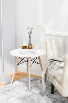 Cozy living room with fragrance scent diffuser and candle.