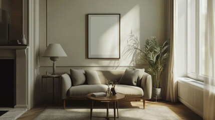 Fototapeta premium This 3D rendering showcases a modern living room with a frame mockup on the wall, providing a perfect setting for showcasing artwork or posters. 
