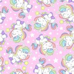 Magic seamless pattern with cute unicorn on pink background. Vector. For fabric design, textile, wallpaper, wrapping paper, wallpapers, backdrops, etc. Vector illustration