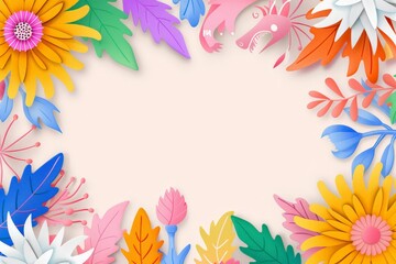Obraz premium A vibrant floral arrangement of paper art flowers and leaves in various colors, creating a frame on a beige background.