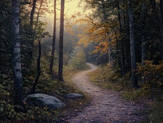 Obraz premium Autumnal forest path, winding, leaves strewn.