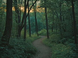 Fototapeta premium Sunset path winding through verdant forest.