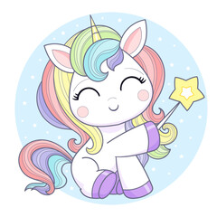 Cute cartoon rainbow unicorn with magic wand. For children's design prints, posters, cards, stickers, etc. Vector illustration
