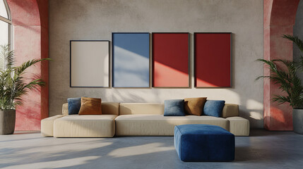 This 3D rendering depicts an open and spacious modern living room with a clean, minimalist design. The room is bathed in soft, natural light that filters through large windows, highlighting the modern