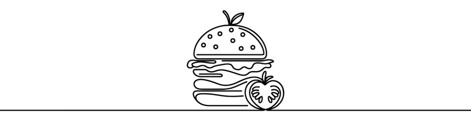 One continuous line illustration of a hamburger, isolated on white background. Line art of hamburger