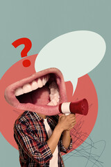 Vertical photo collage of anonym man instead head mouth scream megaphone question mark dilemma...