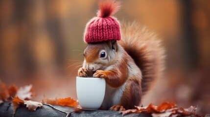 Fototapeta premium Adorable Red Squirrel in a Knit Hat Sipping from a Mug Amidst Autumn Leaves