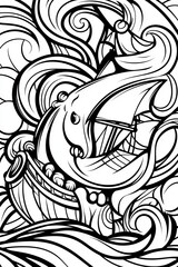 A bold line drawing of a whimsical sea scene featuring a ship and a stylized fish amidst swirling waves.