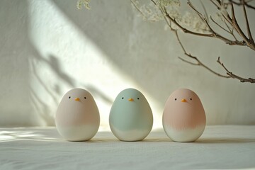 Three pastel bird figurines, serene display.