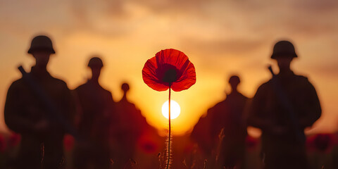 Remembrance Poppy with Silhouettes of Soldiers Fighting in World War, Symbolising Sacrifice, Honor, and Tribute to Fallen Heroes
