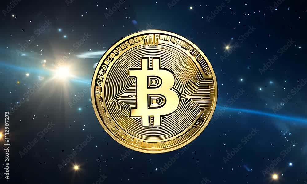 Poster bitcoin coin spinning in space - abstract animation