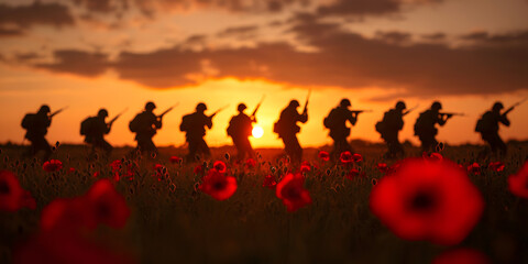 Remembrance Poppy with Silhouettes of Soldiers Fighting in World War, Symbolising Sacrifice, Honor, and Tribute to Fallen Heroes