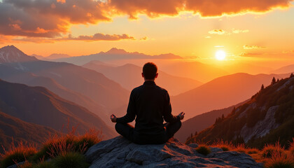Obraz premium Meditating at sunset with breathtaking mountain views in tranquil nature