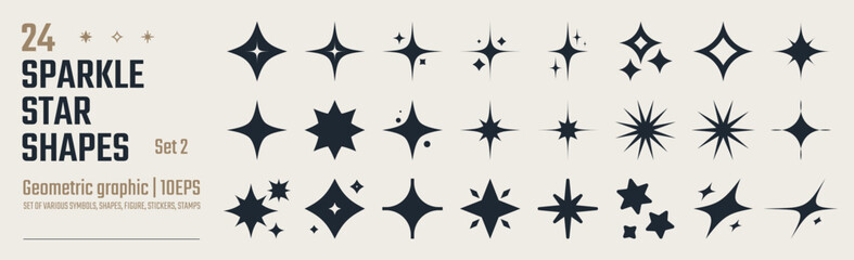 Collection of different vector sparkling stars icon, decorative twinkle and bursts forms, abstract shining flash symbols, glowing light effect, y2k style basic shapes geometric graphic elements set 2