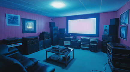 Naklejka premium Cinematic Film Room Decorated with Cult Classic Movie Posters