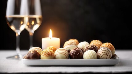 Naklejka premium Romantic valentine gift of heart-shaped chocolates and roses at candlelit dinner setting