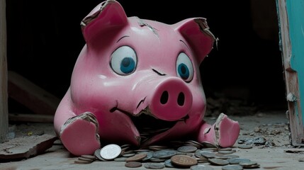 Broken piggy bank with coins scattered around, symbolizing financial struggle and the need for careful budgeting and saving.