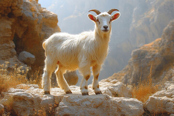 Fototapeta premium Young White Goat Stands on Rocky Mountain Terrain