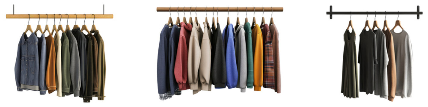 Clothes hang on a hanger and selves isolated on transparent background, Set of