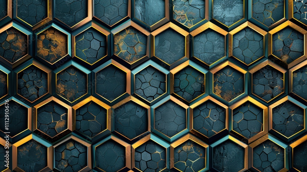 Poster a textured hexagonal pattern with metallic accents and distressed surfaces.