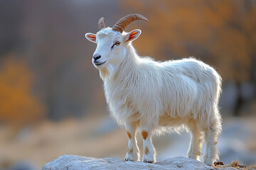 Majestic White Goat Stands On Rock In Autumnal Landscape
