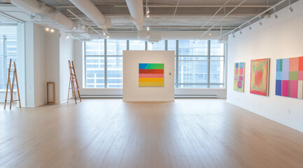 Fototapeta premium Avant-Garde Gallery With City Panorama Featuring Modern Art