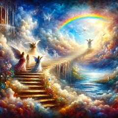 Angels on stairs with clouds and rainbow