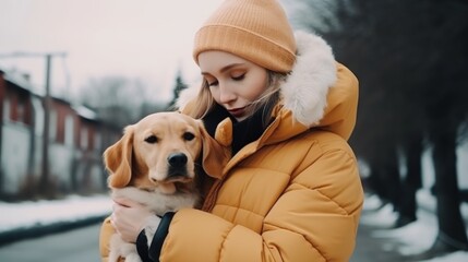 Winter Embrace: Girl and Dog in Snowy City