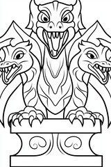 Obraz premium A striking black and white illustration of a three-headed dragon, showcasing intricate designs and fierce expressions.