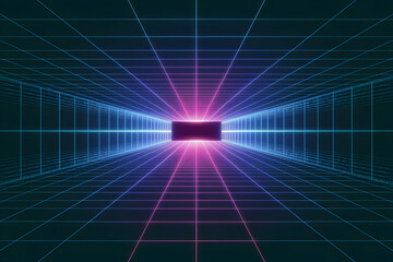 Neon grid tunnel with vanishing point creates immersive, futuristic digital depth