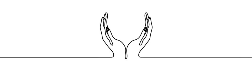 One continuous line illustration of hands, isolated on white background. Line art of hands