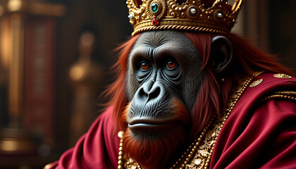 Obraz premium Majestic orangutan wearing a regal crown and adorned attire in deep gem tones inspired by baroque art
