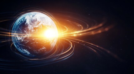 Earth axis diagram illustration showing the tilt of the Earth's rotational axis relative to its orbital plane, explaining the cause of seasonal changes and the distribution of sunlight.